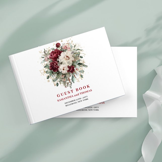 Libro de Invitados Floral Granate Opulento Eucalip (Opulent Maroon Floral Eucalyptus Gold Guest Book)