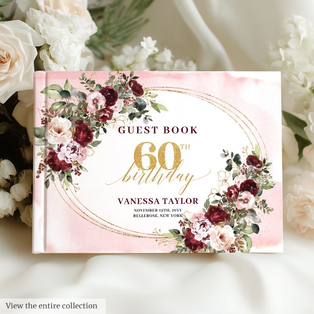 Libro de invitados floral moderno boho borgoña rub (Modern Boho Burgundy Blush Floral 60th Guest Book)