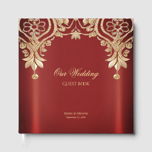 Libro de Invitados Floral Rojo Dorado Moderno (Anverso)