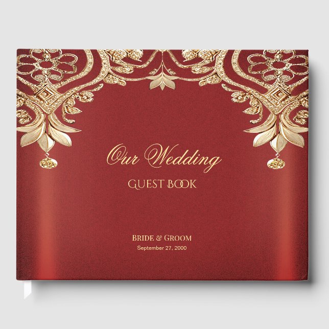 Libro de Invitados Floral Rojo Dorado Moderno (Anverso)