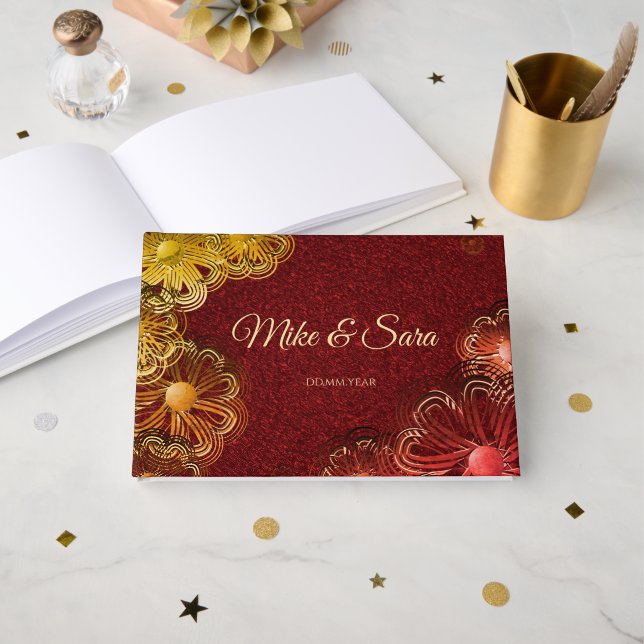 Libro de Invitados Floral Rojo Elegante (Anverso Abierto)