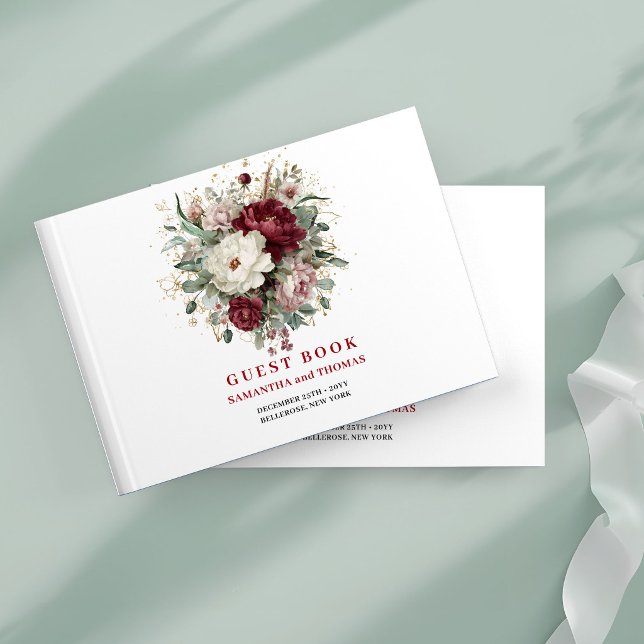 Libro de Invitados Floral Verde Marrón Premium Dor (Premium Maroon Floral Greenery Gold Guest Book)