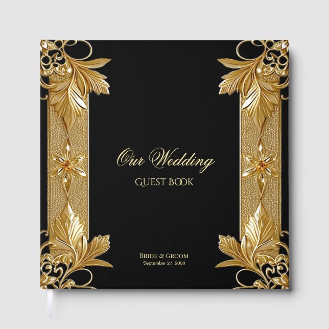 Libro de invitados florales Gold Black Ornate (Anverso)