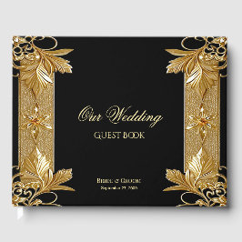 Libro de invitados florales Gold Black Ornate
