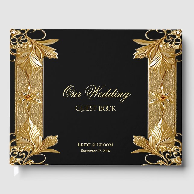Libro de invitados florales Gold Black Ornate (Anverso)