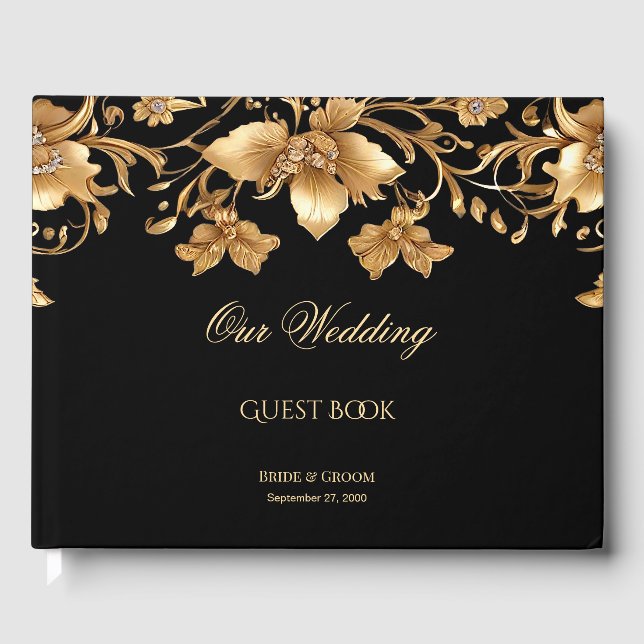 Libro de invitados florales Gold Black Ornate (Anverso)