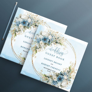 Libro de Invitados Flores Azul Polvo Acuarela Dora