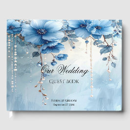 Libro de Invitados Flores Azules y Perlas