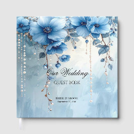 Libro de Invitados Flores Azules y Perlas