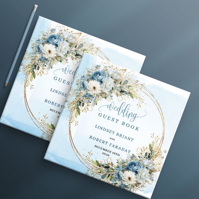 Libro de Invitados Flores Bohemias Azules Eucalipt (Bohemian Blue Flowers Eucalyptus Gold Guest Book)