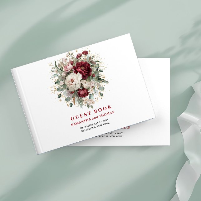 Libro de Invitados Flores Borgoña Boheme Chic Dora (Chic Bohemian Burgundy Flowers Gold Guest Book)