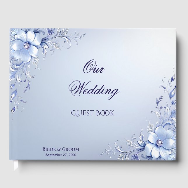 Libro de Invitados Flores Ornamentadas Azules con  (Anverso)