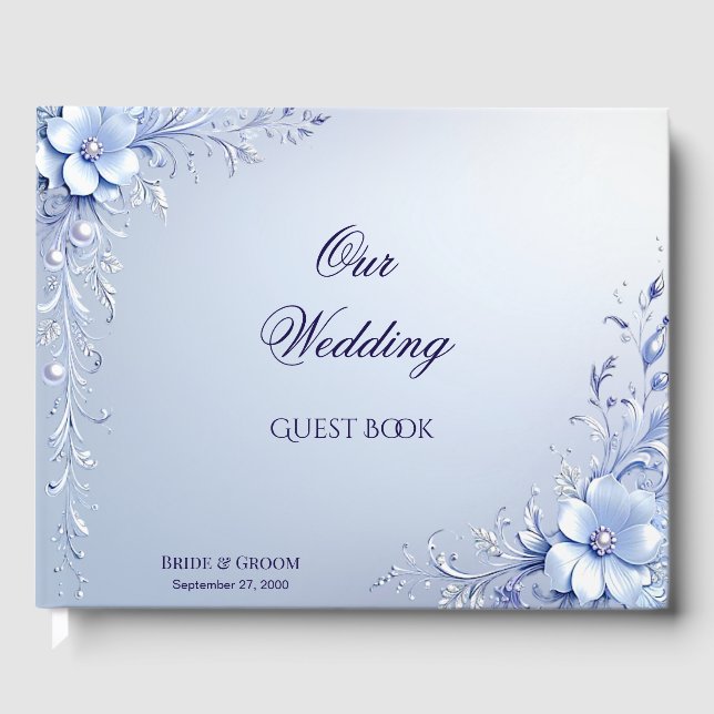 Libro de Invitados Flores Ornamentadas Azules con  (Anverso)