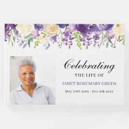 Libro de invitados funerales con flores moradas y 