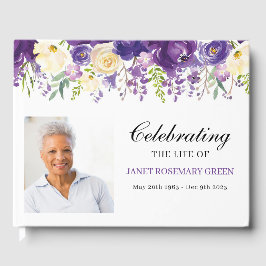 Libro de invitados funerales con flores moradas y 