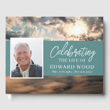 Libro de invitados funerarios con foto de montaña