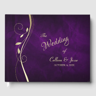 Libro de invitados Gold Leaf Swirl Deep Purple Bod