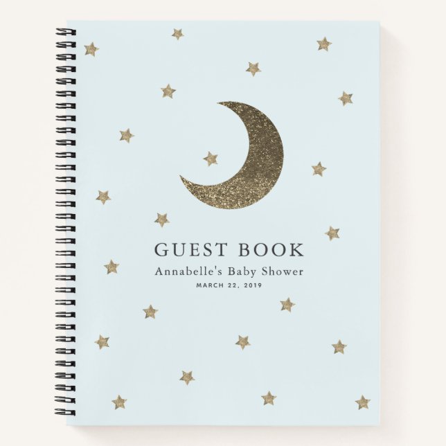 Libro de invitados Gold Moon & Stars Blue Baby Sho (Anverso)