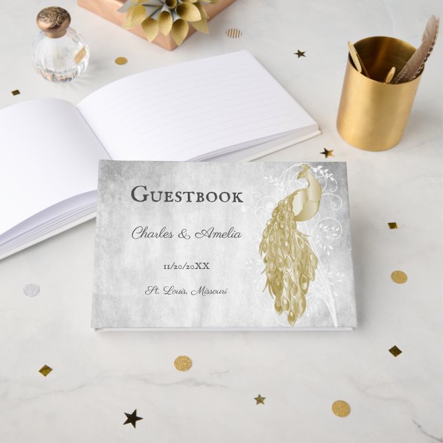 Libro de invitados Gold Peacock Boda (Anverso Abierto)
