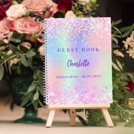 Libro de invitados holografía púrpura rosa Quincea