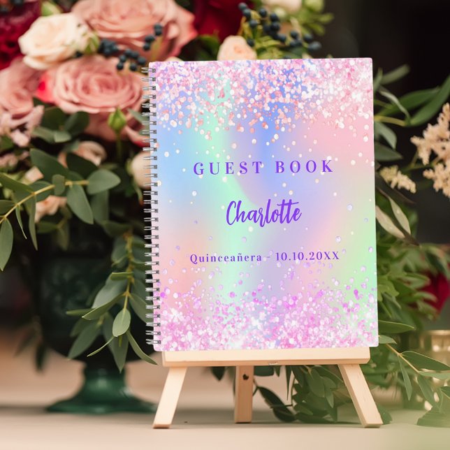Libro de invitados holografía púrpura rosa Quincea (Subido por el creador)