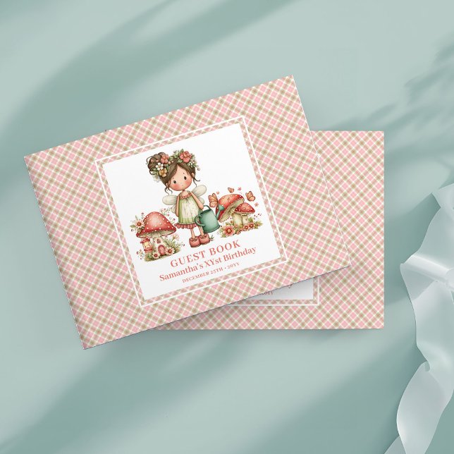 Libro de Invitados Hongo Flores Rosadas Hada Capri (Whimsical Fairy Pink Flowers Mushroom Guest Book)