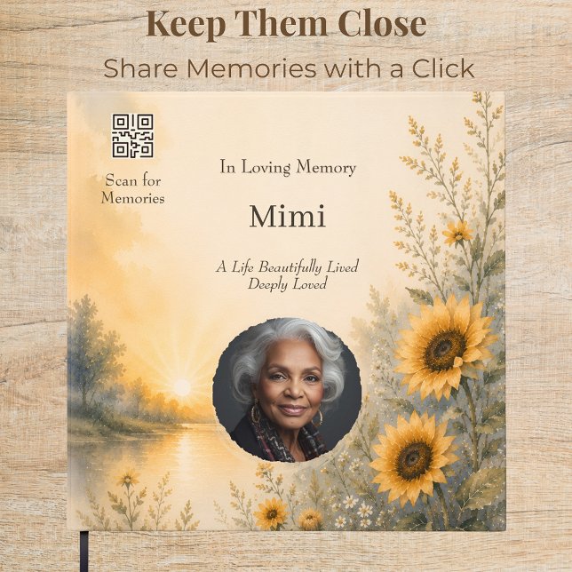 Libro de invitados memorial con código QR personal (Custom photo memorial guest book with a personalized QR code for sharing treasured memories online.)