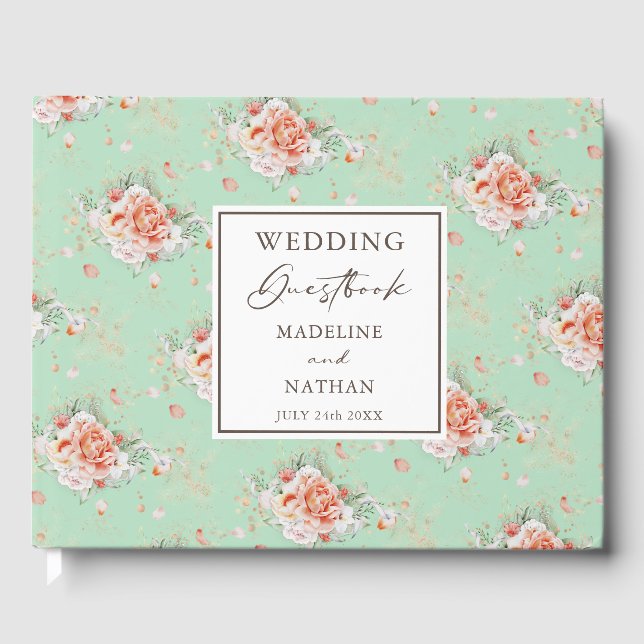 Libro de invitados Mint Green & Peach Floral Boda (Anverso)