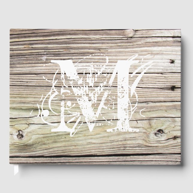 Libro de invitados Monogramed Rustic Wood Boards (Anverso)