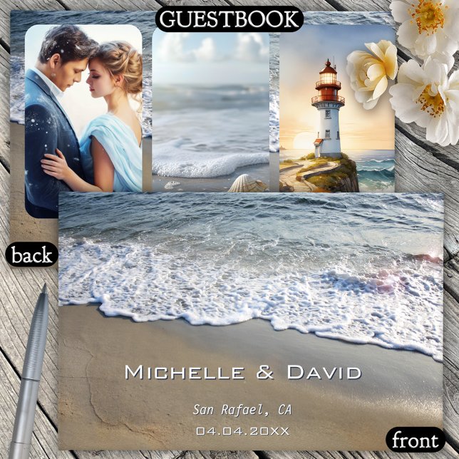 Libro de invitados Nautical Beach Wedding Photo (A pretty wedding guest book featuring waves crashing on the beach with custom photos on the back)