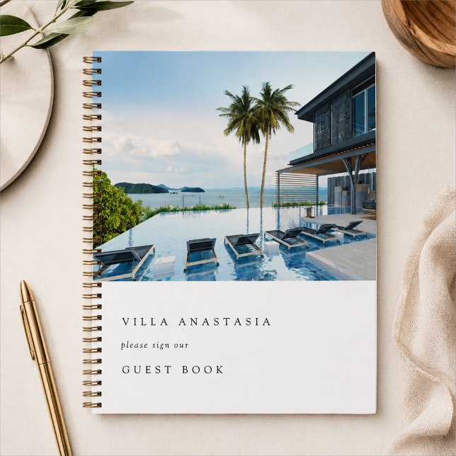 Libro de invitados para alquiler de vacaciones | D (Custom vacation rental guest book with property photo cover for hosts, cabins, villas, and stays.)
