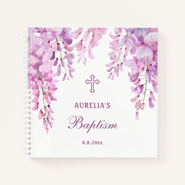 Libro de invitados para bautizo de glicina rosa (Anverso)