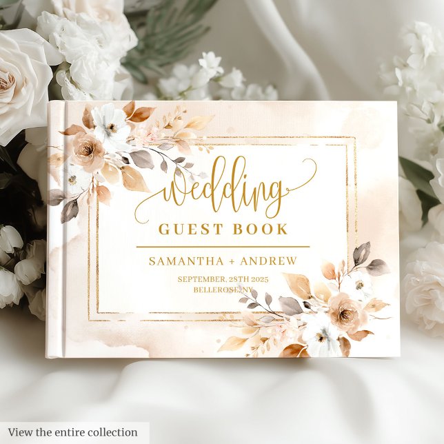 Libro de invitados para Bodas de Bouquet Beige y B (Beige & Gold Boho Fall Bouquet Wedding Guest Book)