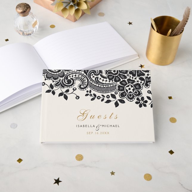 Libro de invitados para bodas de encaje negro y el (Anverso Abierto)
