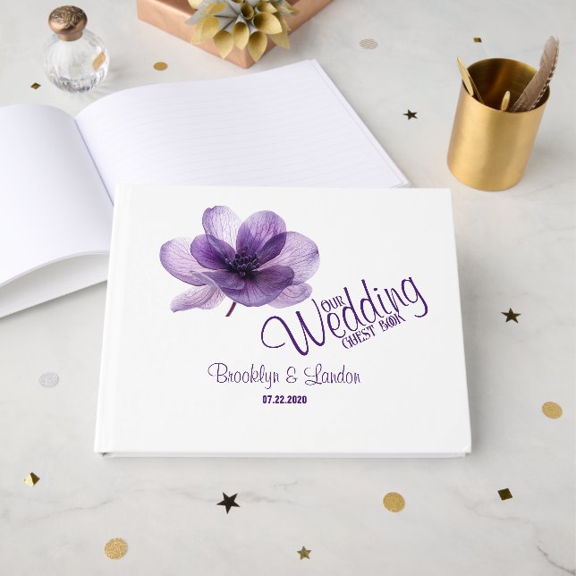 Libro de invitados para Bodas de flores moradas (Anverso Abierto)