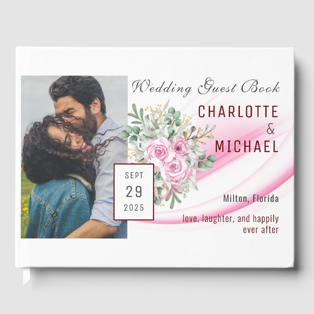 Libro de invitados para Bodas de ola rosa y flores (Anverso)