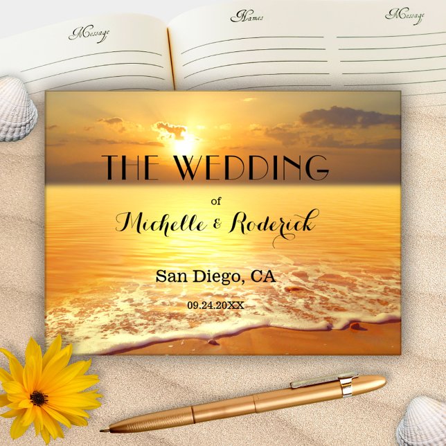 Libro de invitados para Bodas fotográficos persona (A romantic wedding guest book featuring a painting of a sunset on the beach with your custom photo)