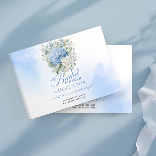 Libro de invitados para Desayuno de novia Floral A (Boho Blue Floral Gold Bridal Shower Guest Book)