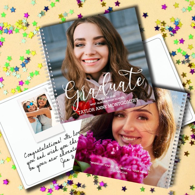 Libro de invitados para graduados de fotografía (Graduation party guest book with photo on front and back and room inside for messages and photos)