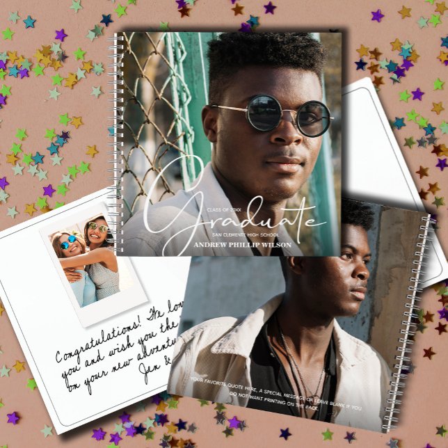 Libro de invitados para la fiesta de graduación de (Graduation party guest book with photo on front and back and room inside for messages and photos)