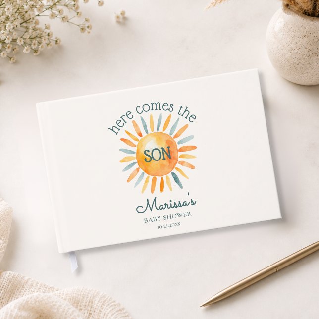 Libro de invitados para la fiesta de shower del be (cute retro boho here comes the son baby boy shower guest book with custom name and date)