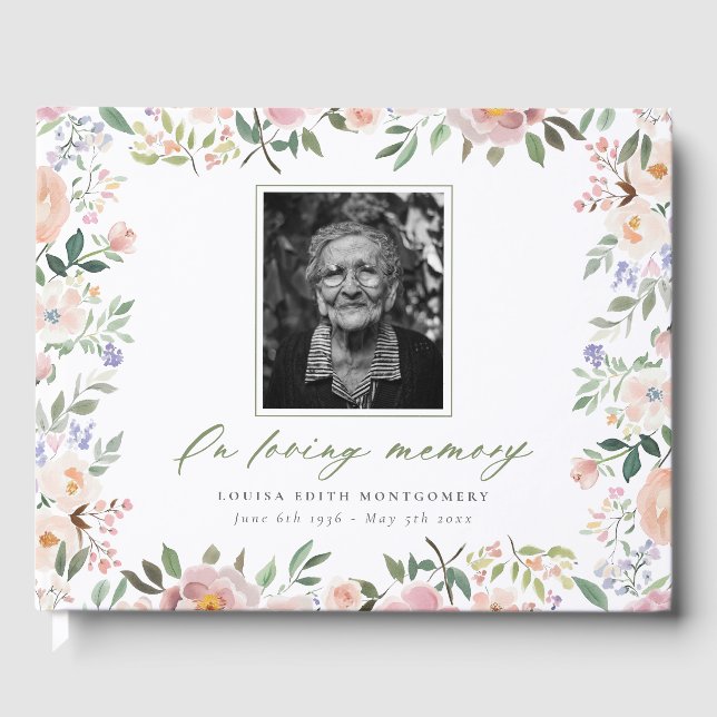Libro de invitados Peach Floral Photo Memorial (Anverso)