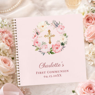 Libro de invitados Primera Comunión flores rosadas