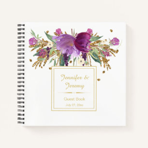 Libro de invitados Purple Amethyst Gold Floral  