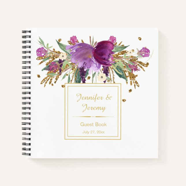 Libro de invitados Purple Amethyst Gold Floral | (Anverso)