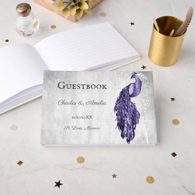 Libro de invitados Purple Peacock Boda (Anverso Abierto)