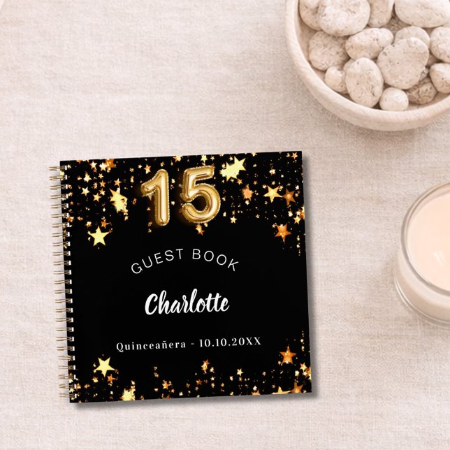 Libro de invitados Quinceanera Black gold stars (Subido por el creador)