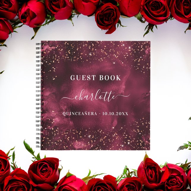 Libro de invitados Quinceanera burgundy rosa oro (Subido por el creador)