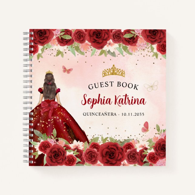 Libro de invitados Quinceañera con flores de oro r (Anverso)