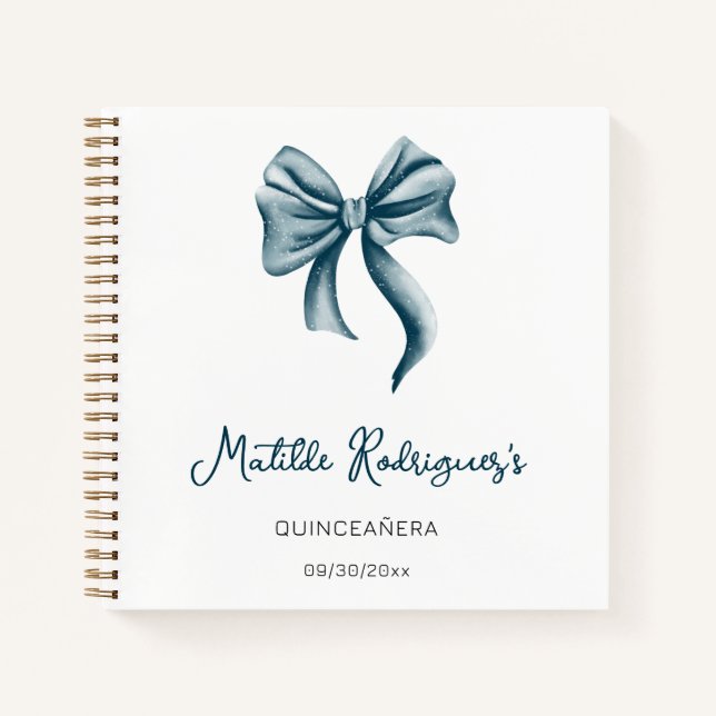 Libro de invitados Quinceañera con lazo azul elega (Anverso)